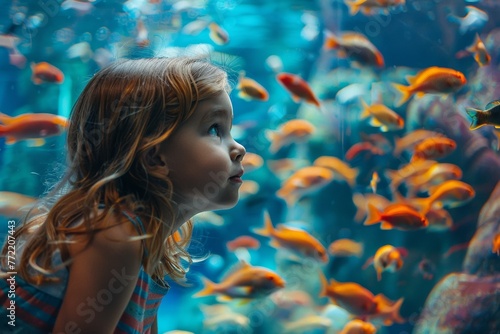 A cute girl with glasses watches golden fish in an underwater aquarium.
