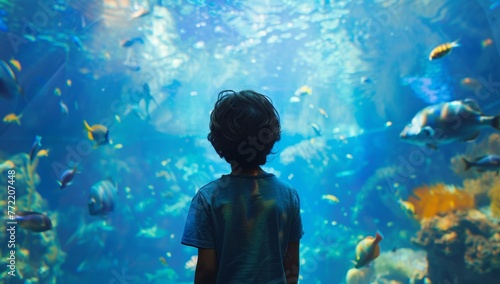 A silhouette of a young boy gazes at the mesmerizing underwater life in the aquarium.
