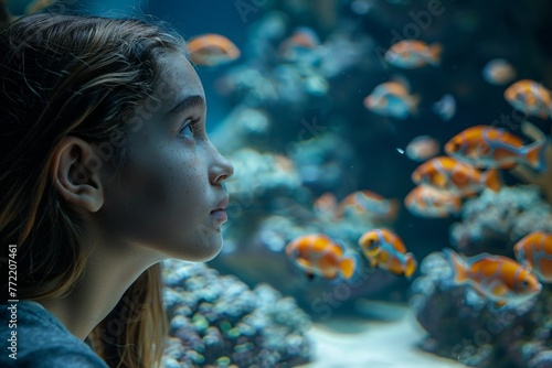A curious teen observes colorful coral and fish in an aquarium. photo