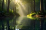 A tranquil forest scene captures the beauty of nature as the sun's rays filter through the water, illuminating the lush trees and plants in a picturesque landscape Generative AI