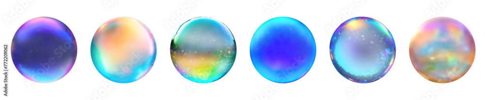 Obraz premium Set of 6 brightly colored isolated vector transparent 3d soap bubbles on transparent background background.