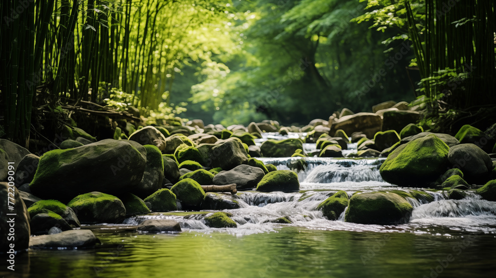 Fototapeta premium Lush Bamboo Forest Stream with Mossy Rocks and Cascades