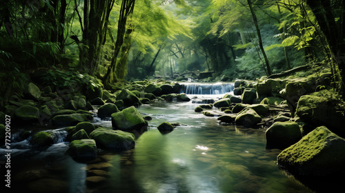 Mystical Forest Stream with Lush Greenery and Light Rays © heroimage.io