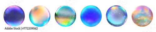 Set of 6 brightly colored isolated vector transparent 3d soap bubbles on transparent background background.