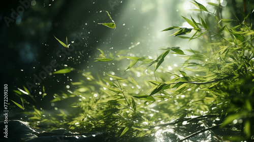 Dynamic Green Leaves with Sunlight and Floating Dust Particles