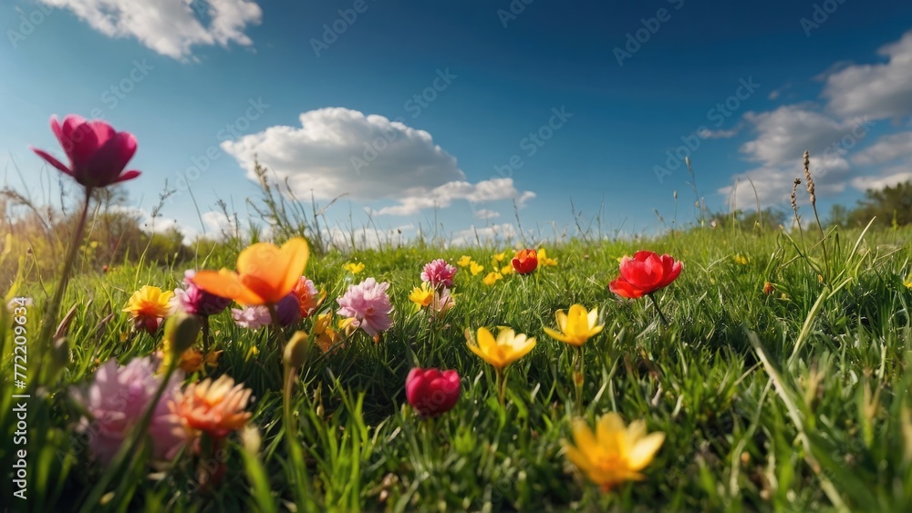 Colorful flower and grass landscape background, Beautifully blurred background image of spring nature with a neatly trimmed lawn surrounded by trees against a blue sky with clouds on a sunlight