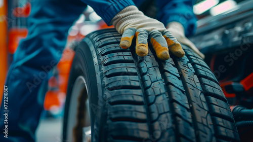 Mechanic Checking Tread on Vehicle Tire. Close-up of a professional mechanic inspecting the tread of a new car tire in an auto repair shop. photo