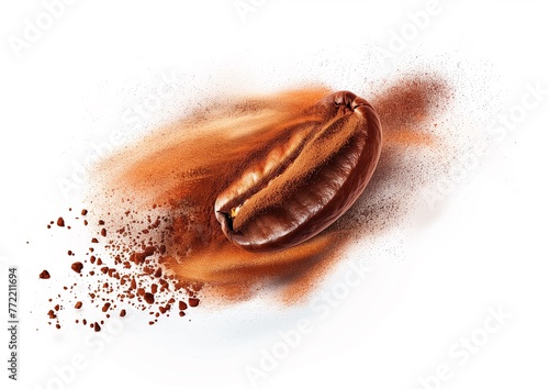 Coffee Powder Particles Flying in the Shape of a Coffee Bean, Isolated on a White Background