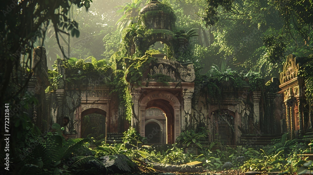 A majestic, ancient temple with a lush green forest in the background Generative AI