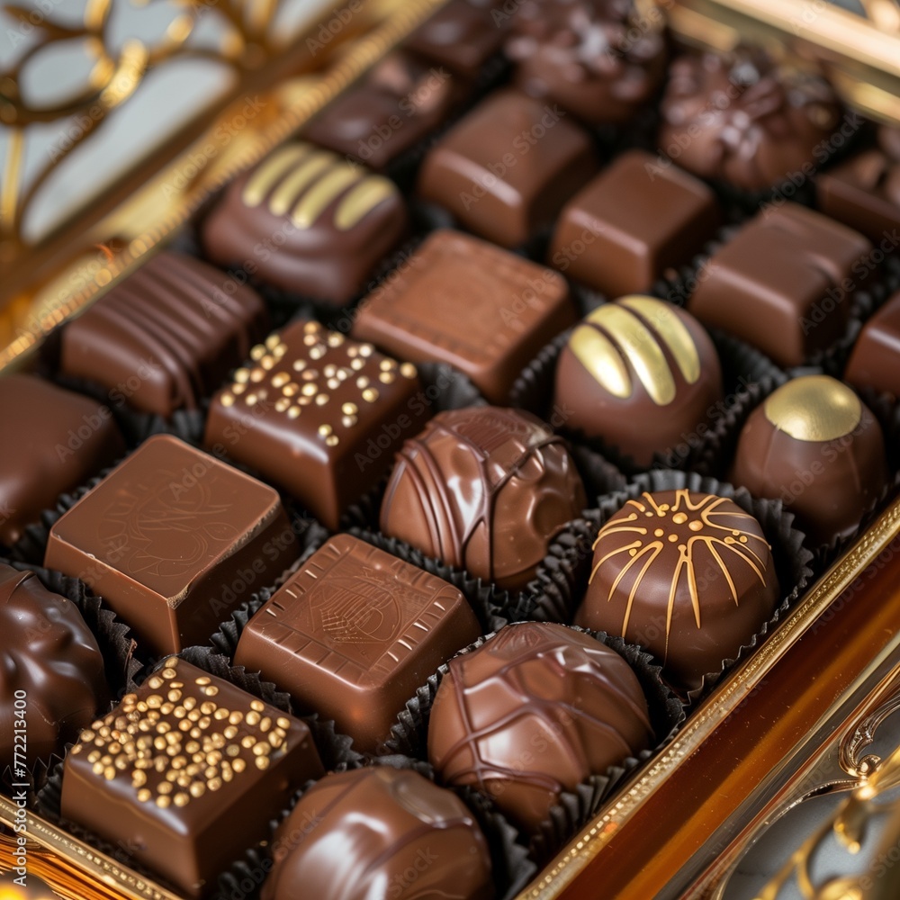 Soft light cascades over a box of chocolate pralines, highlighting their exquisite shapes. 