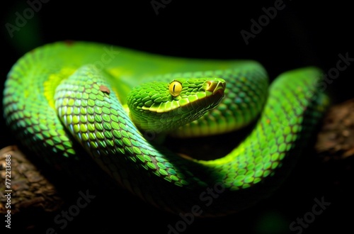 Closeup of the Green Snake Coiled on Its Branch, with Dark Background and Backlighting