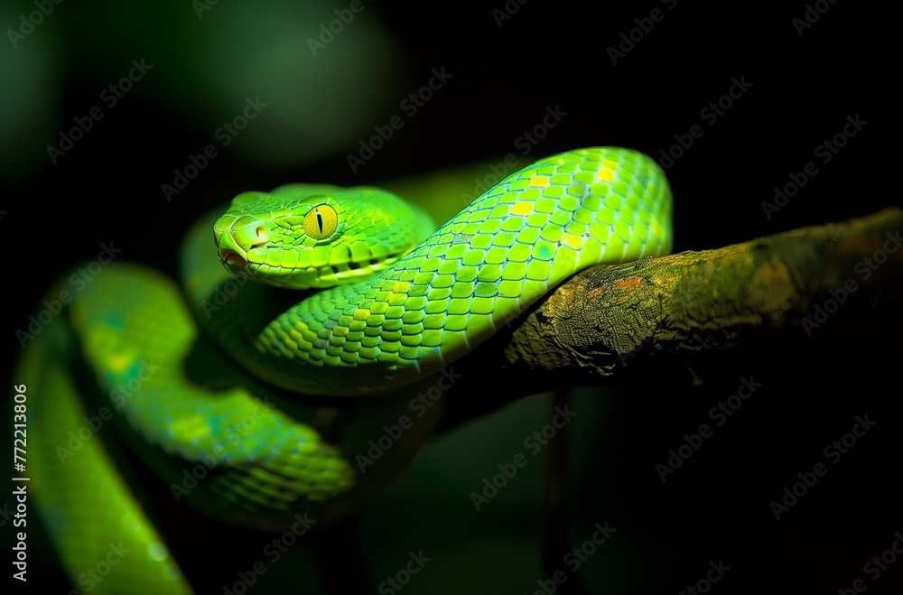Closeup of the Green Snake Coiled on Its Branch, with Dark Background and Backlighting