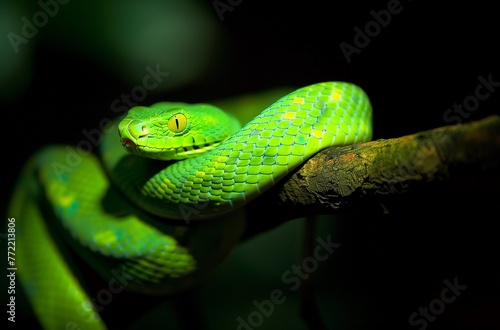 Closeup of the Green Snake Coiled on Its Branch, with Dark Background and Backlighting