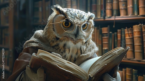 An ultra high-definition image of an owl wearing glasses, engrossed in a book, provides a whimsical yet intellectual theme, ideal for educational and literary concepts.