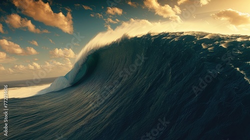 An imposing wave at sunset with golden light. photo