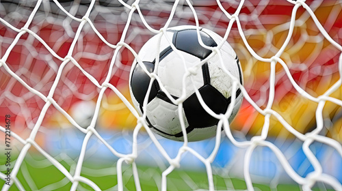 Close-up of a soccer ball in the net with stadium background. © AdriFerrer