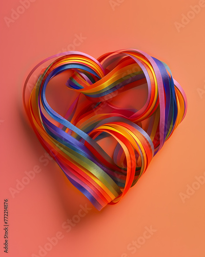 Vibrant Rainbow Ribbon Heart,3d rendering of a heart shape made of colorful ribbons.