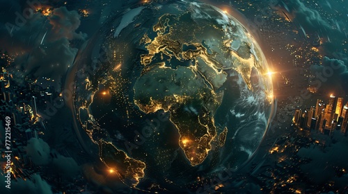 Earth s vibrant cities  interconnected by advanced technology and the internet  form a glowing globe. This globalization fosters communication and unites people worldwide.
