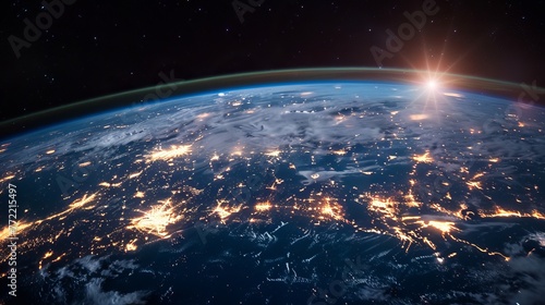 Earth's vibrant cities, interconnected by advanced technology and the internet, form a glowing globe. This globalization fosters communication and unites people worldwide. #772215497