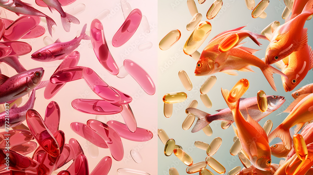 Contrasting Sources of Nutritional Supplements: Krill Oil vs. Fish Oil - obrazy, fototapety, plakaty 