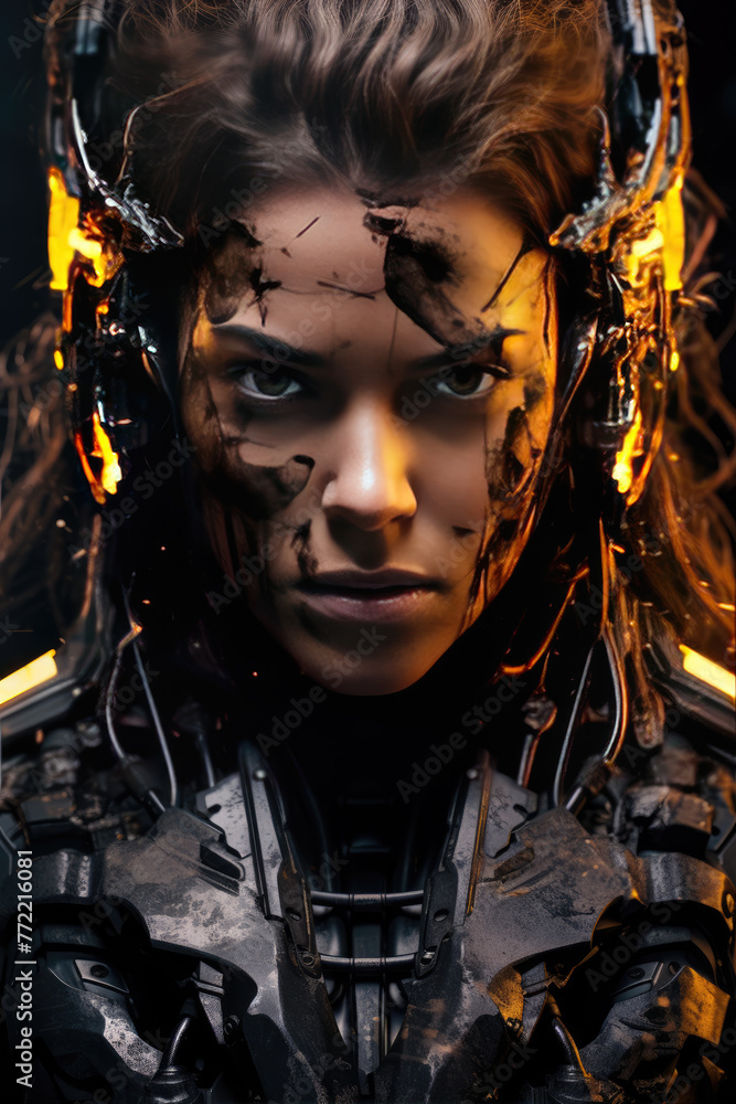 Beautiful woman cybork or robot with fash yellow lights on armor.