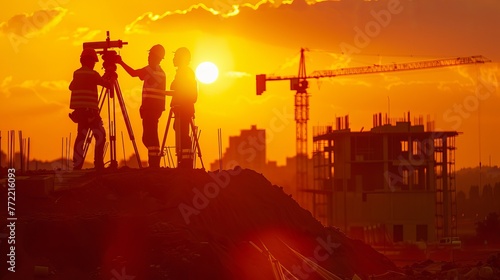 Construction workers are building houses using construction machines and a theodolite, a device used for measuring angles and distances.