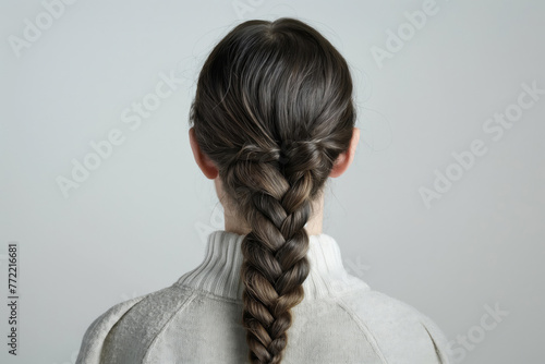 Close-up photo showcasing a detailed French braid on a woman with a neutral background. Back view.