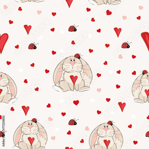 Cute vector pattern with lovely bunnies, ladybugs and hearts