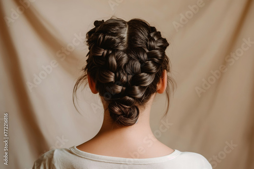 Close-up image featuring the intricate pattern of a classic French braid hairstyle on a woman. Back view.