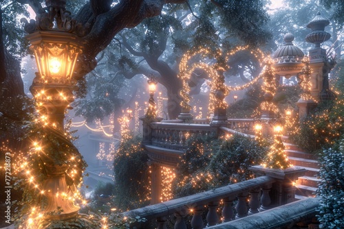 Enchanted Fairytale Garden with Glowing Lanterns and Magical Staircase in Mystical Forest