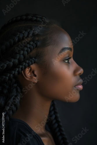 Profile view of a woman featuring beautiful bohemian braids hairstyle against dark background