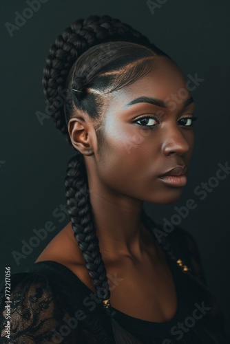 Elegant woman showcasing a detailed bohemian braid hairstyle against a dark background