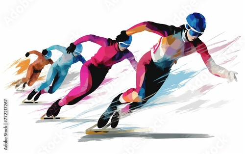 Wide angle view of speed skaters running towards the finish line. high energy. illustration. White background  photo