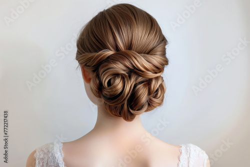 Sophisticated and chic bridal updo hairstyle with creative textured bun. Intricate lace detail and elegant twist for a formal wedding event
