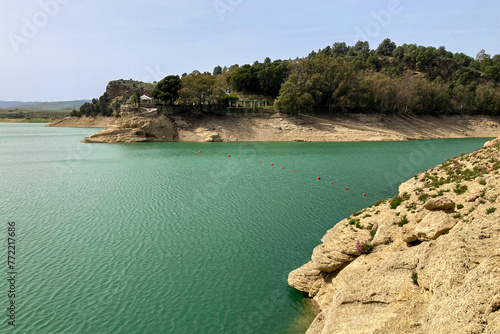 Lake Embalse conde de Guadalhorce on sunny day in El Chorro, Malaga, Spain