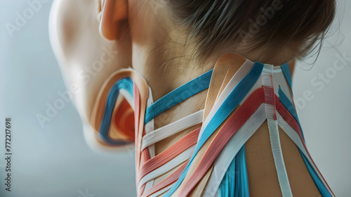 Detailed Step-by-Step Illustration of Correct Kinesiology (KT) Tape Application on Human Neck