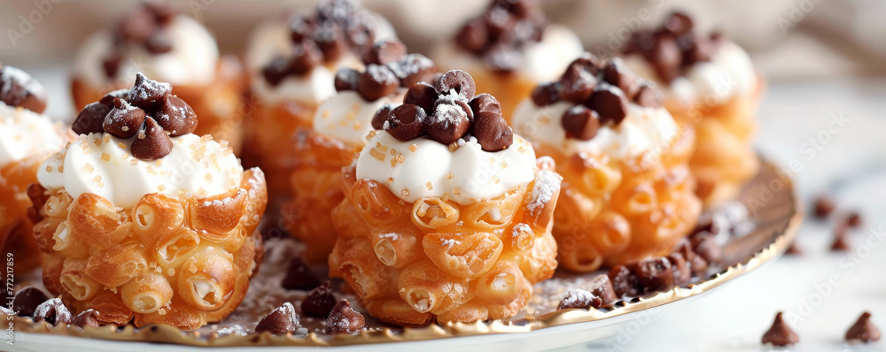 Whipped cream-topped pastries with chocolate chips on a plate. Delicate bubble texture with soft focus background Whipped cream-topped pastries with chocolate chips on a plate. Delicate bubble texture with soft focus background