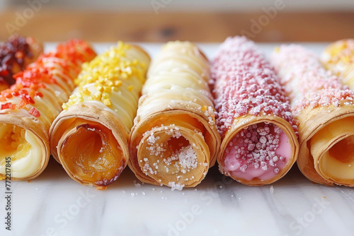 Assorted cream-filled wafers with colorful toppings on a wooden board. Variety of flavors showcased in bright natural light