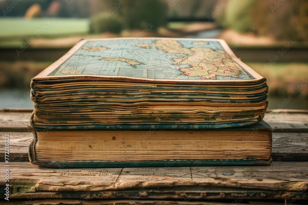 Obraz premium Vintage World Atlas Book on Wooden Table with Countryside Background Retro Cartography Education Concept