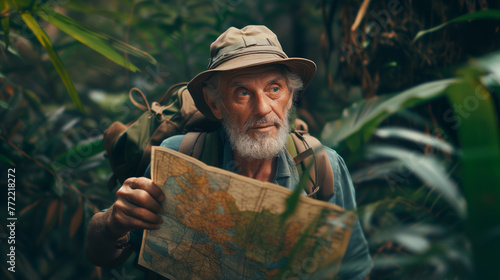 An attractive old man lost hiker carries a bag and wears a hat holding a map while exploring evergreen rain forest, Travel and adventure concept