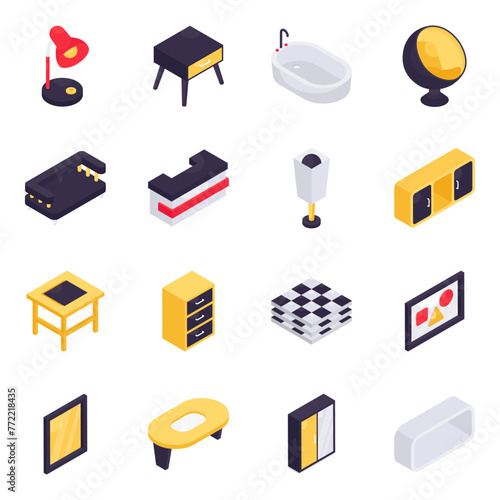 Set of Household Accessories Isometric Icons

