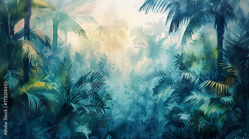 painted tropical background with palm trees - obrazy, fototapety, plakaty 