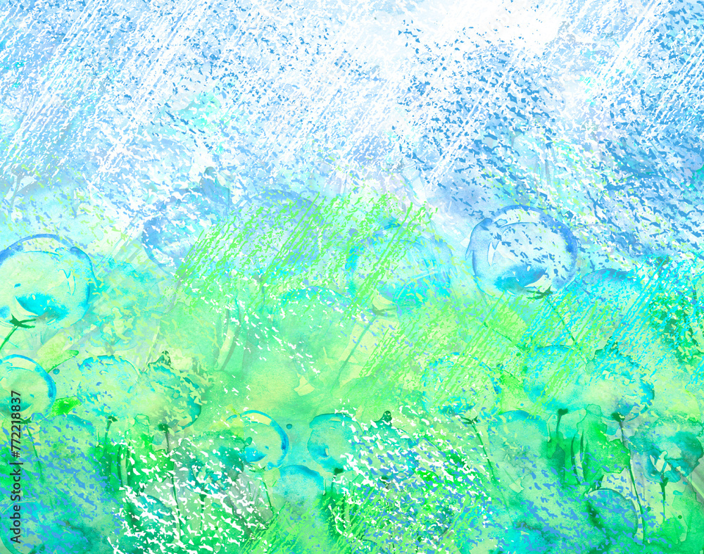 Naklejka premium Drawing with watercolors and pastels, bright chalk. Flowers in the meadow, field. Abstract background, splash of paint, beautiful stroke, spot. Fashionable art cover, background.Dandelion flowers