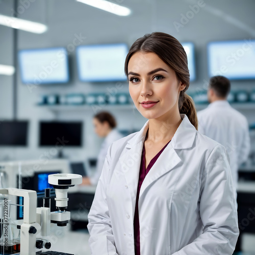 Beautiful young woman scientist wearing white coat and glasses in modern Medical Science Laboratory with Team of Specialists on background, AI generated	

