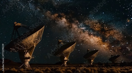 Giant radio telescopes observe the vastness of space, gazing at our galaxy, the Milky Way, amidst the twinkling night sky. photo