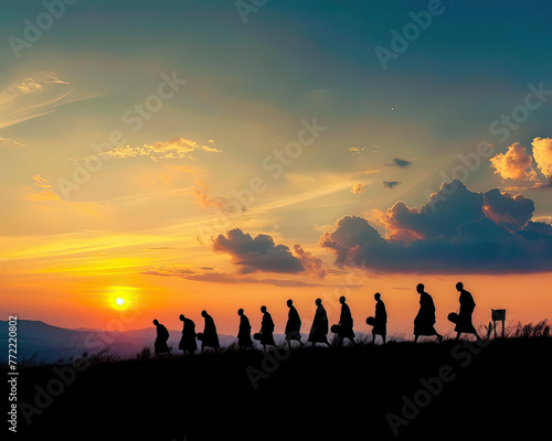 Silhouette of monks on pilgrimage at dawn, Southeast Asia's spiritual essence, space for text