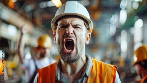 Angry worker shouting in industrial setting - Furious male worker in safety helmet screaming in a noisy industrial environment, showing stress or protest