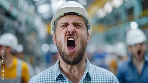 Shouting worker in a busy factory - Shouting male worker with hard hat in an active industrial factory environment, embodying labor issues or motivation