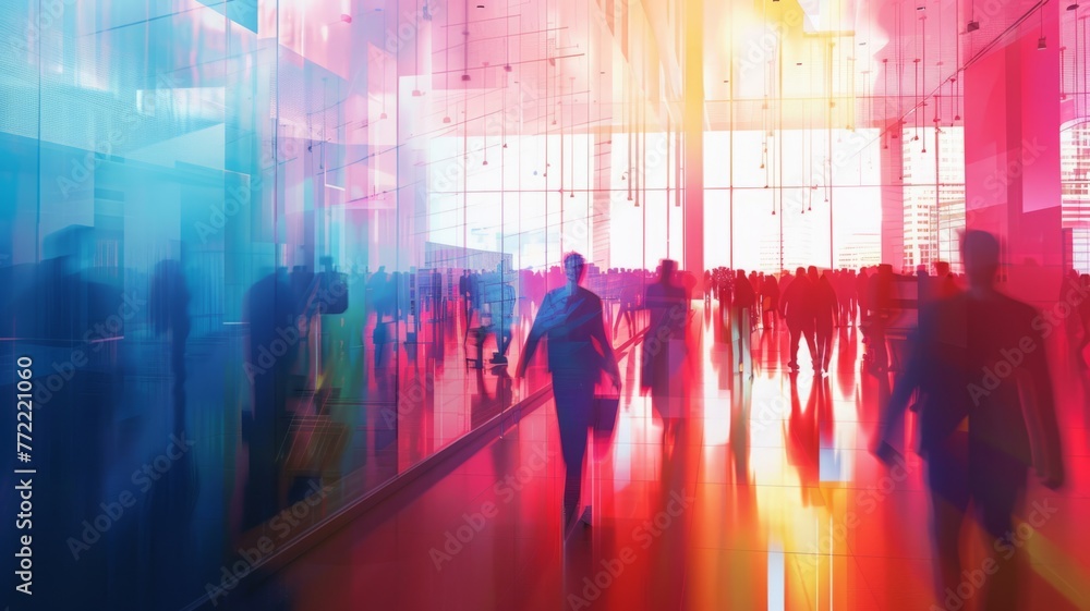People walking in a colorful office complex - A painted scene of individuals walking through a modern office complex with intense color gradations and reflections