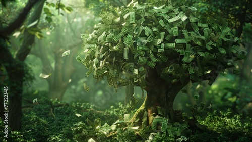 Enormous money tree in fantasy forest - An imaginative portrayal of a giant money tree nestled in a fantasy forest with dollar bills fluttering around, epitomizing wealth in abundance photo
